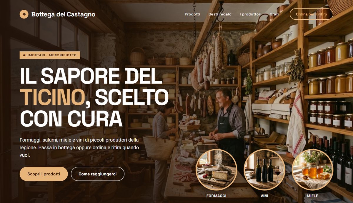 Home page dimostrativa di un sito per una bottega di prodotti del territorio di fantasia, Bottega del Castagno