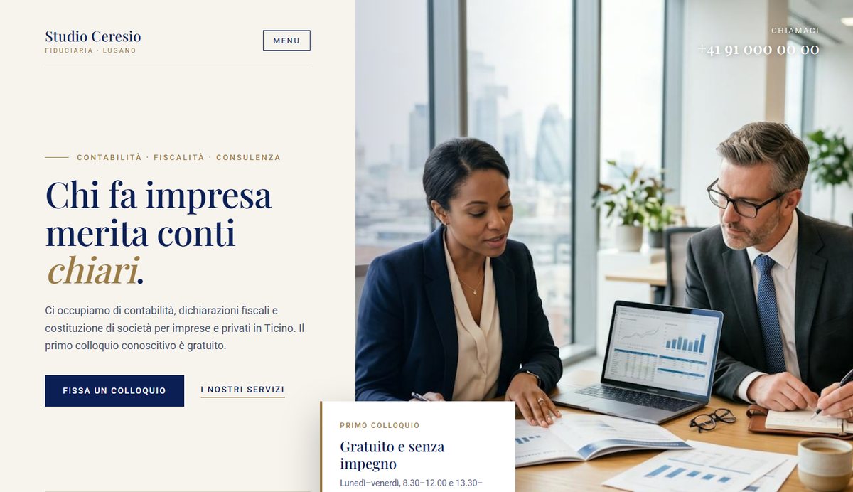 Home page dimostrativa di un sito per una fiduciaria di fantasia, Studio Ceresio